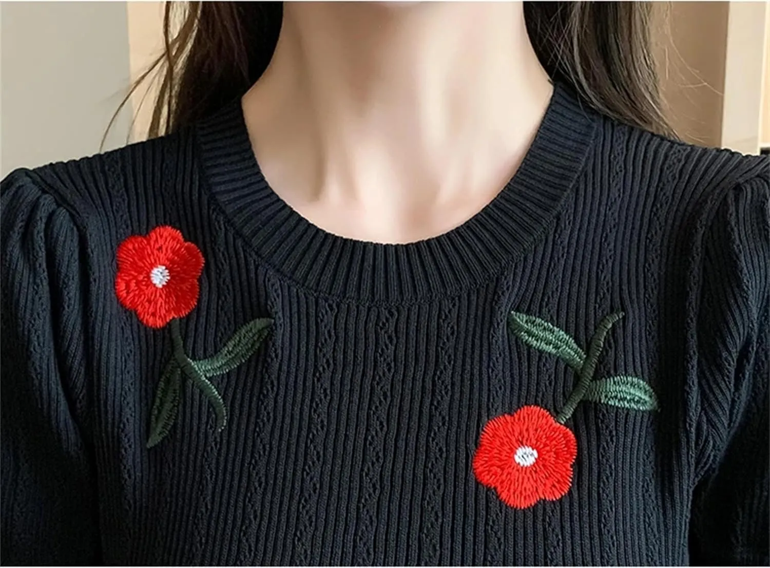 Women's Rose Knit Midi Dress - O-Neck Puff Sleeve Floral Embroidery Slim Fit