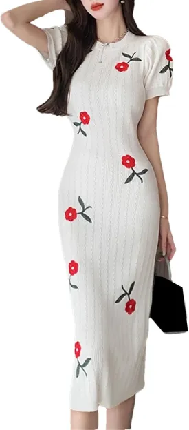 Women's Rose Knit Midi Dress - O-Neck Puff Sleeve Floral Embroidery Slim Fit