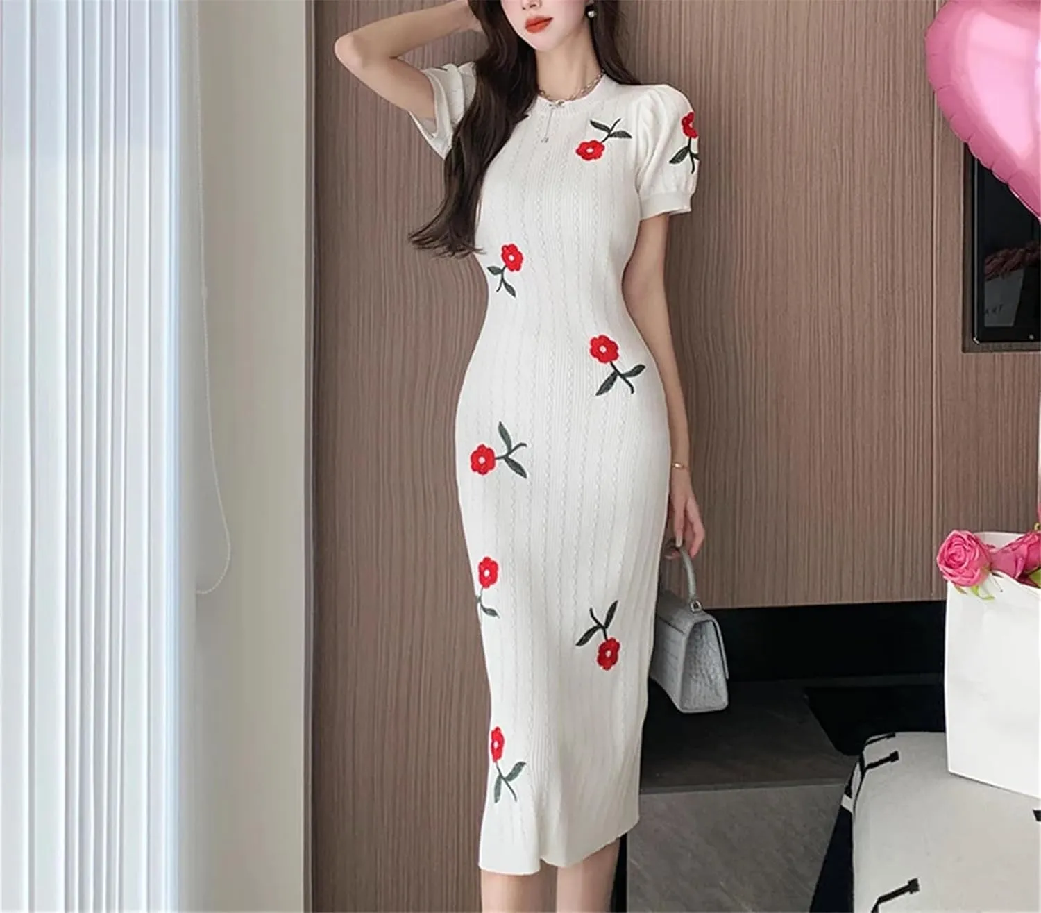 Women's Rose Knit Midi Dress - O-Neck Puff Sleeve Floral Embroidery Slim Fit