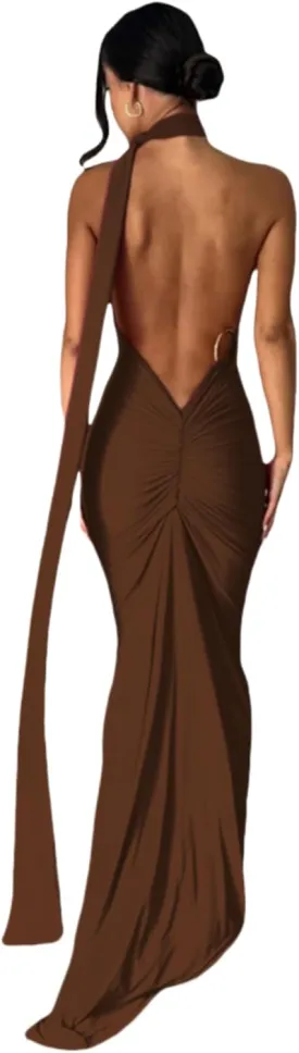 Women's Sexy One Shoulder Backless Maxi Dress Elegant Ruched O Ring Sleeveless Evening Dress Long Gown Cocktail Dress