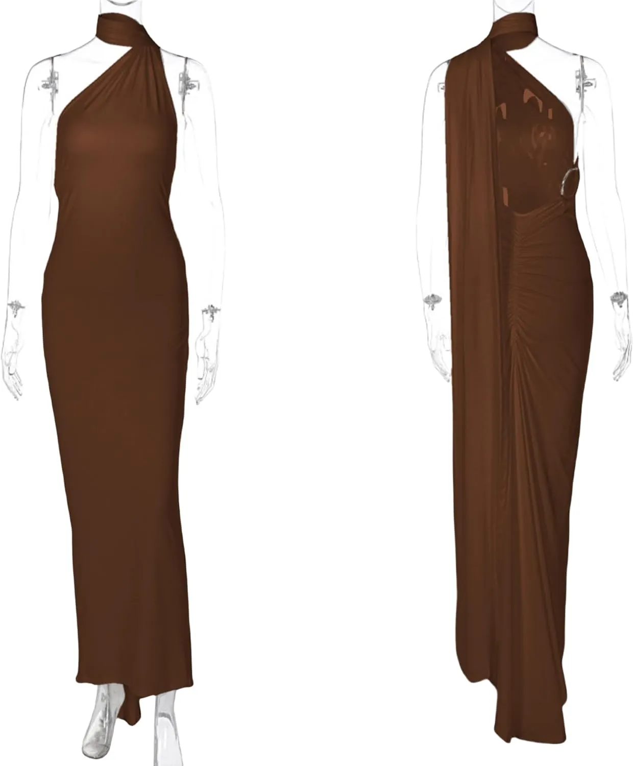Women's Sexy One Shoulder Backless Maxi Dress Elegant Ruched O Ring Sleeveless Evening Dress Long Gown Cocktail Dress