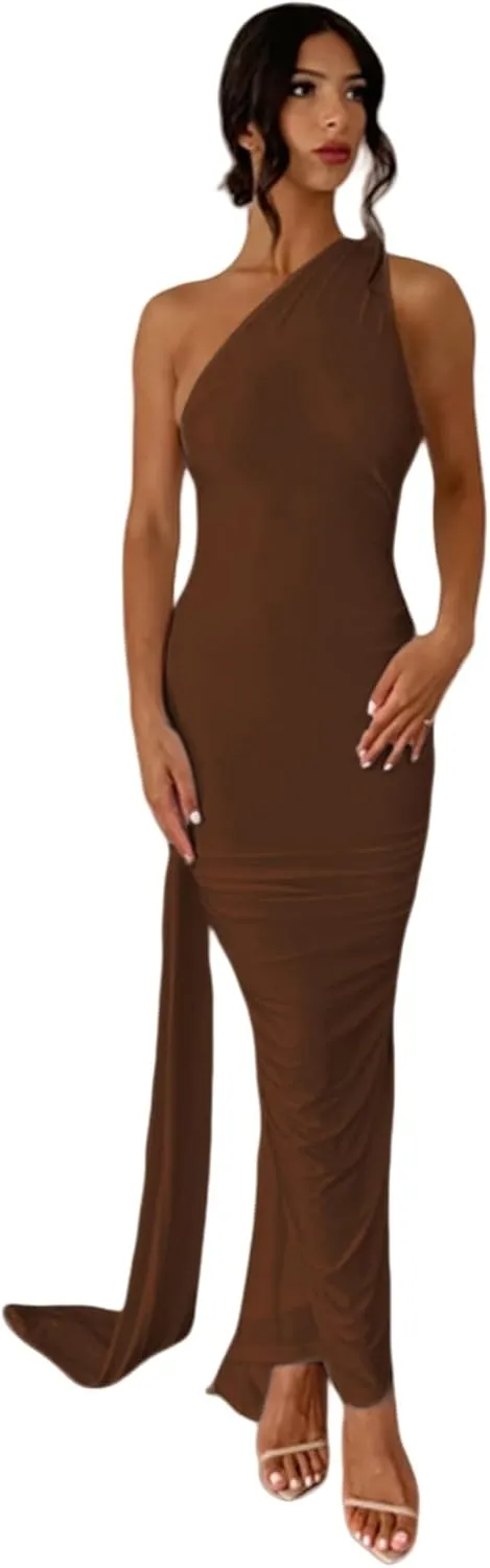 Women's Sexy One Shoulder Backless Maxi Dress Elegant Ruched O Ring Sleeveless Evening Dress Long Gown Cocktail Dress