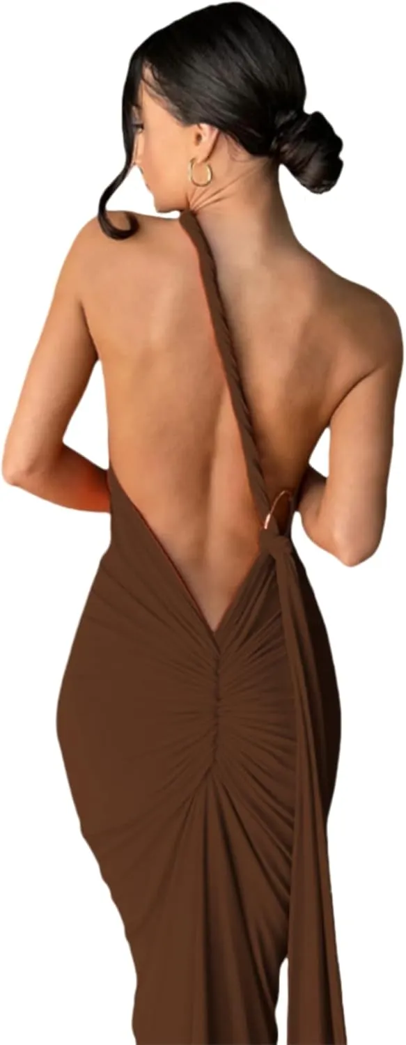 Women's Sexy One Shoulder Backless Maxi Dress Elegant Ruched O Ring Sleeveless Evening Dress Long Gown Cocktail Dress
