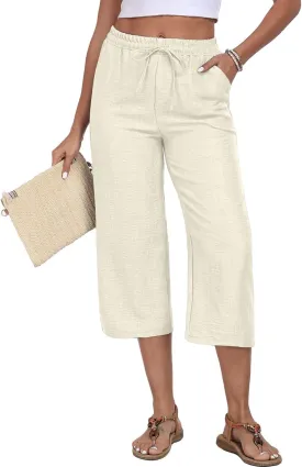Womens Summer Capri Pants Wide Leg Elastic Waist Casual Business Pants Loose Work Lounge Trousers with Pockets