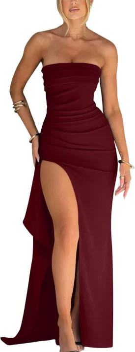 YMDUCH Women's Elegant Strapless Bodycon Ruched Ruffle High Split Long Formal Evening Dress