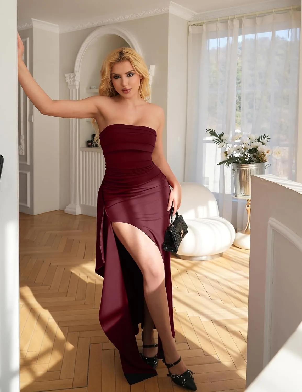 YMDUCH Women's Elegant Strapless Bodycon Ruched Ruffle High Split Long Formal Evening Dress