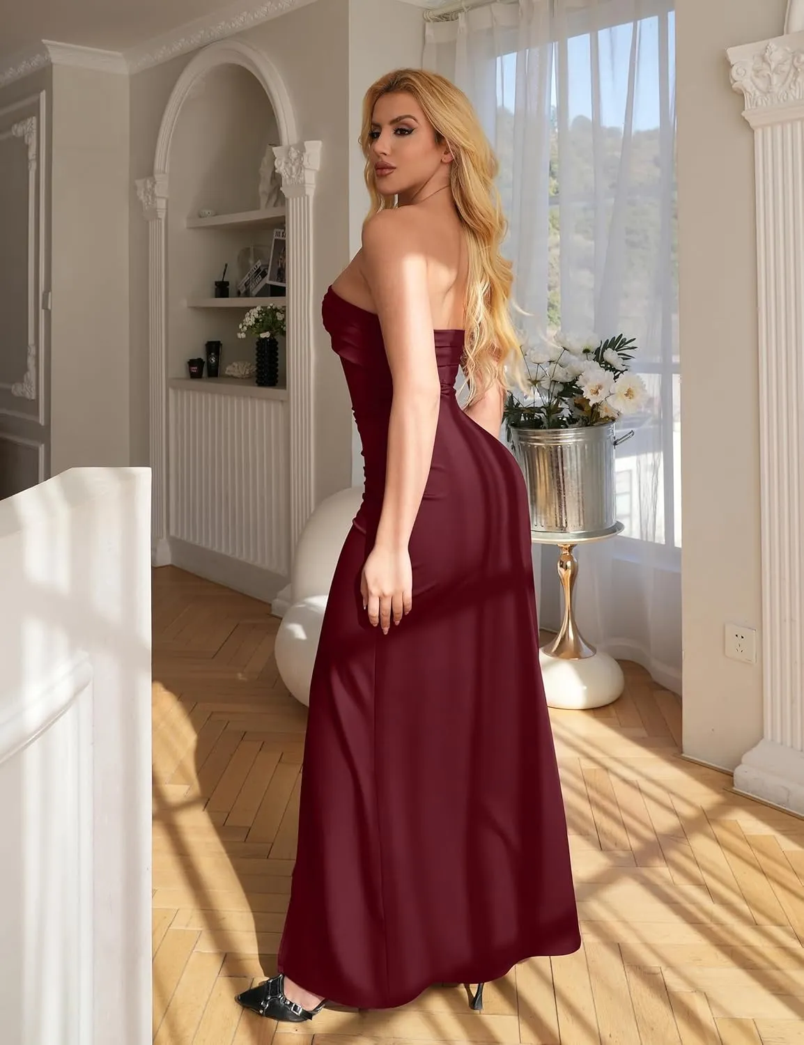 YMDUCH Women's Elegant Strapless Bodycon Ruched Ruffle High Split Long Formal Evening Dress