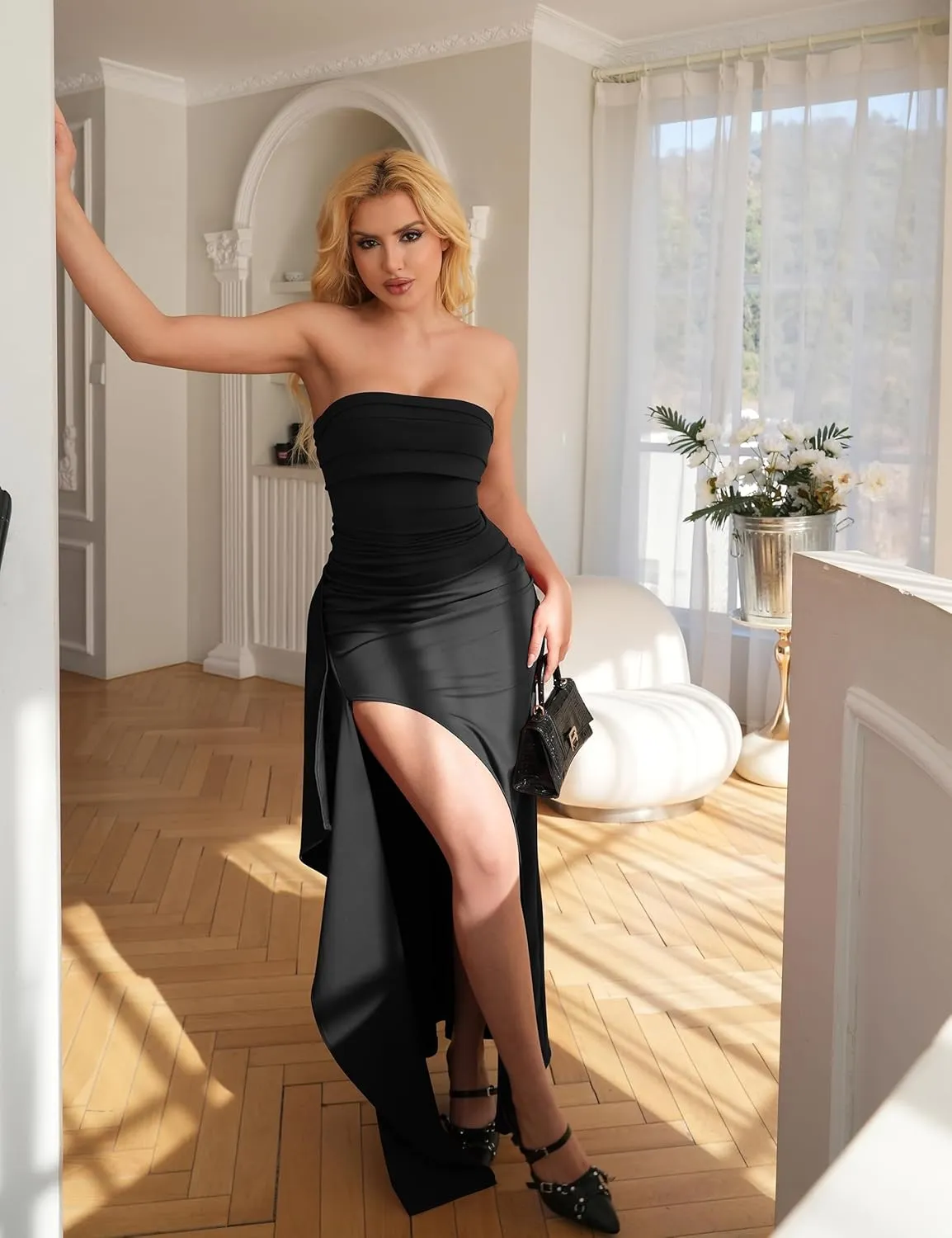 YMDUCH Women's Elegant Strapless Bodycon Ruched Ruffle High Split Long Formal Evening Dress