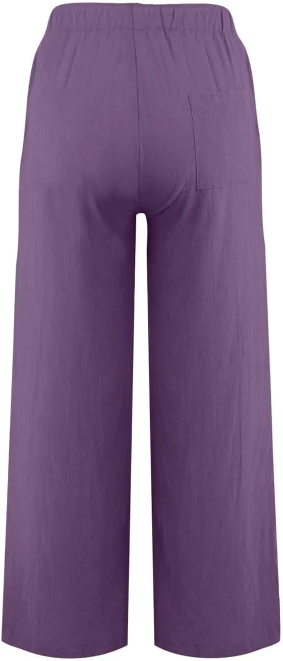 YOCUR Women Wide Leg Flowy Drawstring Palazzo Linen Pants Beach Casual Elastic High Waisted Loose Trousers