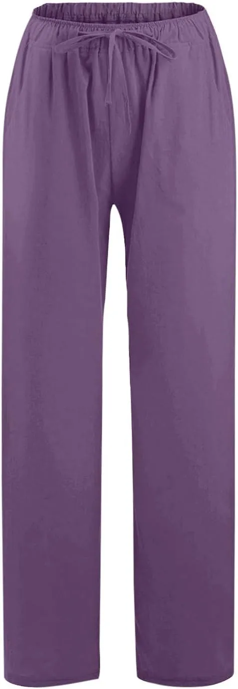 YOCUR Women Wide Leg Flowy Drawstring Palazzo Linen Pants Beach Casual Elastic High Waisted Loose Trousers