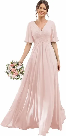 YOFF V-Neck Flutter Sleeve Bridesmaid Dress with Pockets A-Line Long Chiffon Formal Party Dresses with Slit YO003