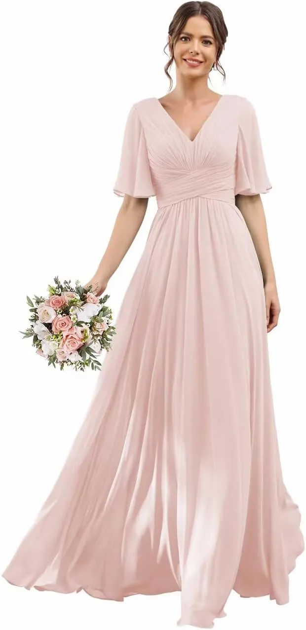 YOFF V-Neck Flutter Sleeve Bridesmaid Dress with Pockets A-Line Long Chiffon Formal Party Dresses with Slit YO003