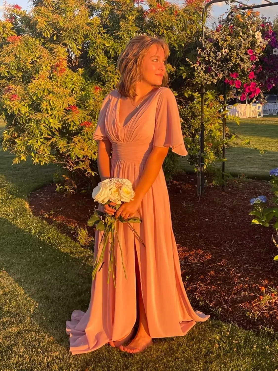 YOFF V-Neck Flutter Sleeve Bridesmaid Dress with Pockets A-Line Long Chiffon Formal Party Dresses with Slit YO003